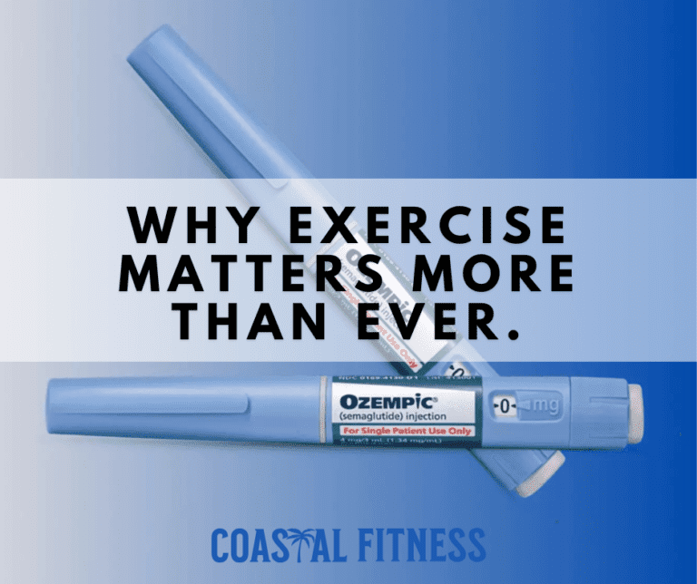 A photo of Ozempic with a text overlay that says "Why exercise matters more than ever."
